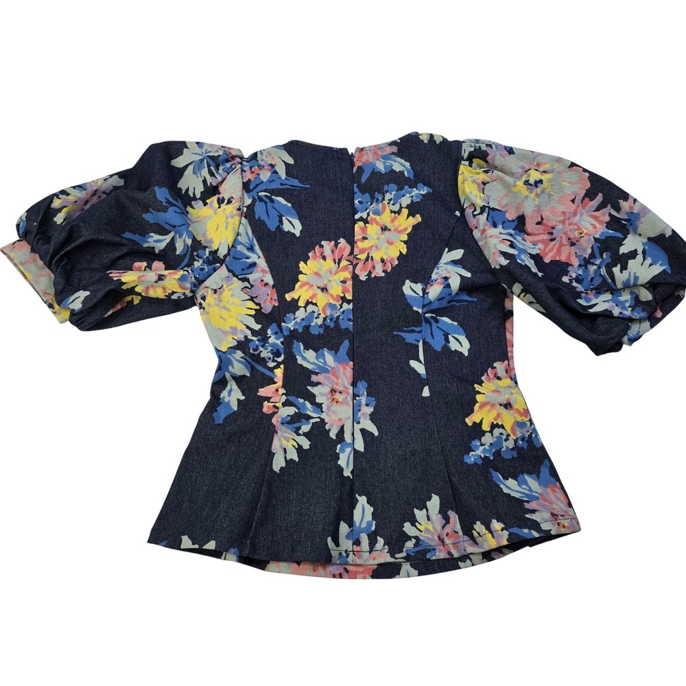 Gracia‎ Denim Peplum Floral Puff-Sleeve Top Small Back Zip Cotton Blend - Picture 3 of 5